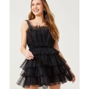 STORIA Solid Black Sleeveless Satin Strap Layered Tulle Mini Length Dress NWT M